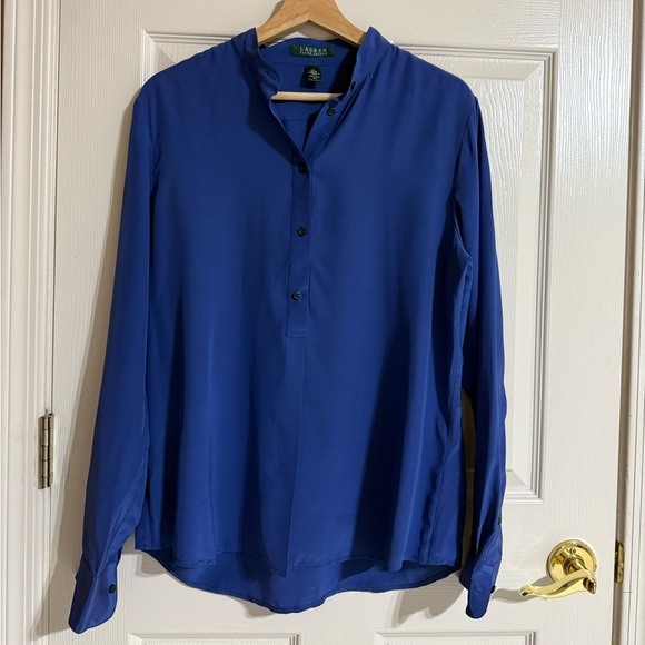 Lauren Ralph Lauren 100% Silk Blouse Blue Long Sleeve Size L Luxury Office Work - Picture 2 of 9